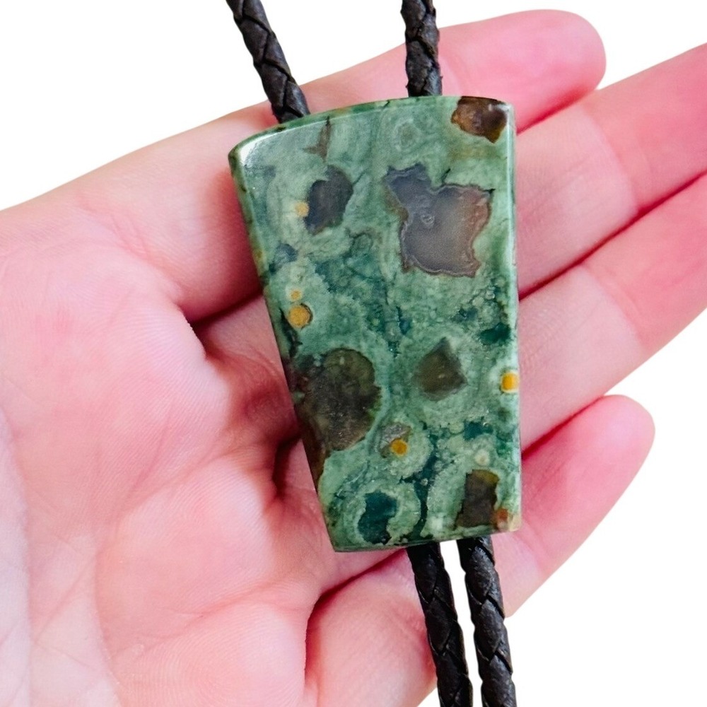 VTG Bennett Rainforest Rhyolite Jasper Bolo Tie Necklace Native American leather